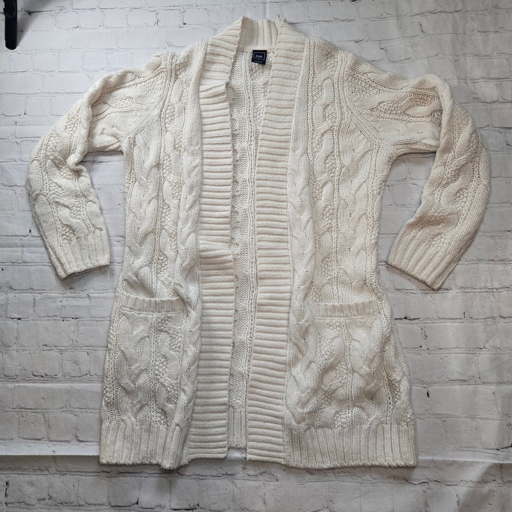 Gap Womens Cable Knit Cardigan Sweater Cream White Open Front Shawl Collar M